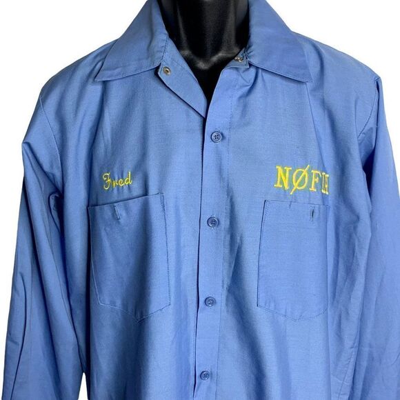 Vintage 70s Button Up Uniform Shirt M Blue El Jebel Radio Embroidered Pockets - Picture 5 of 9